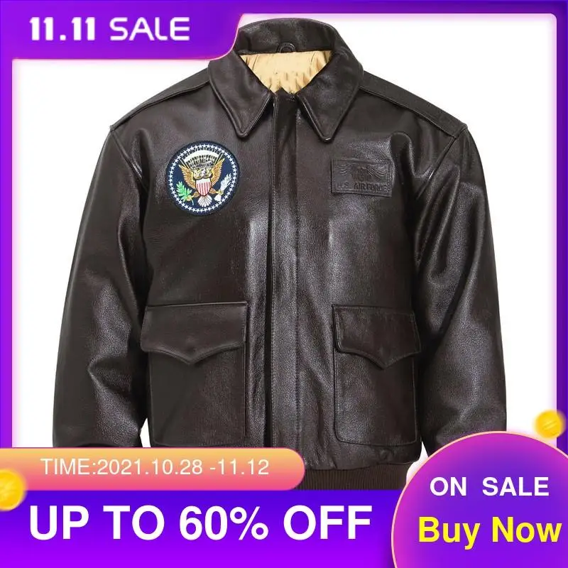 

2021 Dark Brown Genuine Pilot Leather Jacket Men Military Style Europe Size XXL Real Natural Cowhide Autumn Loose A2 Coat