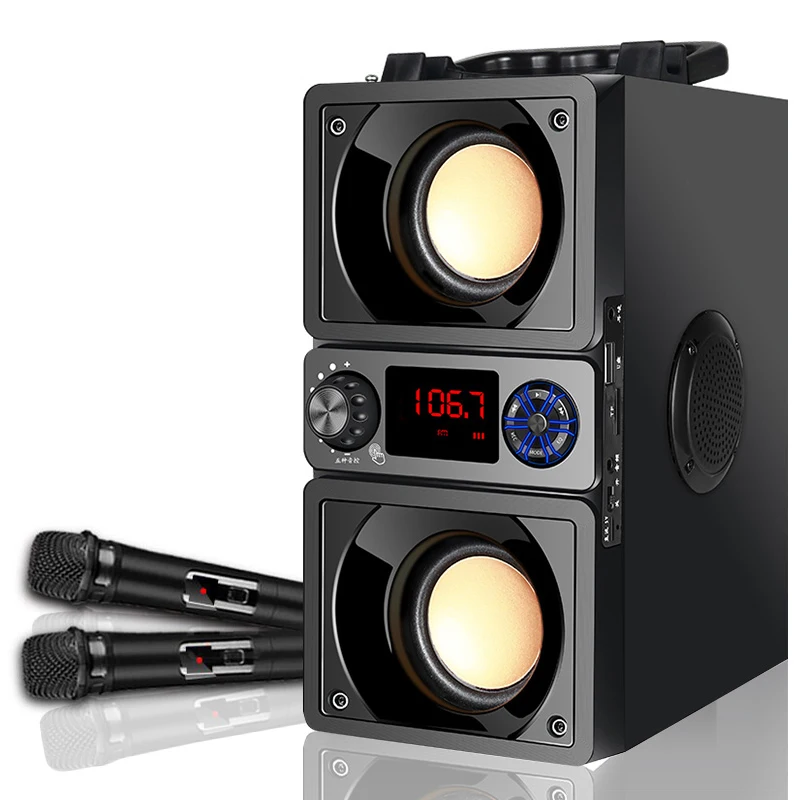 With 2 Microphone Портативный динамик Bluetooth 5,0 открытый беспроводной 6D объемный Стерео FM радио микрофон Поддержка TF карты KTV вечерние сабвуфер - Цвет: With 2 Microphone