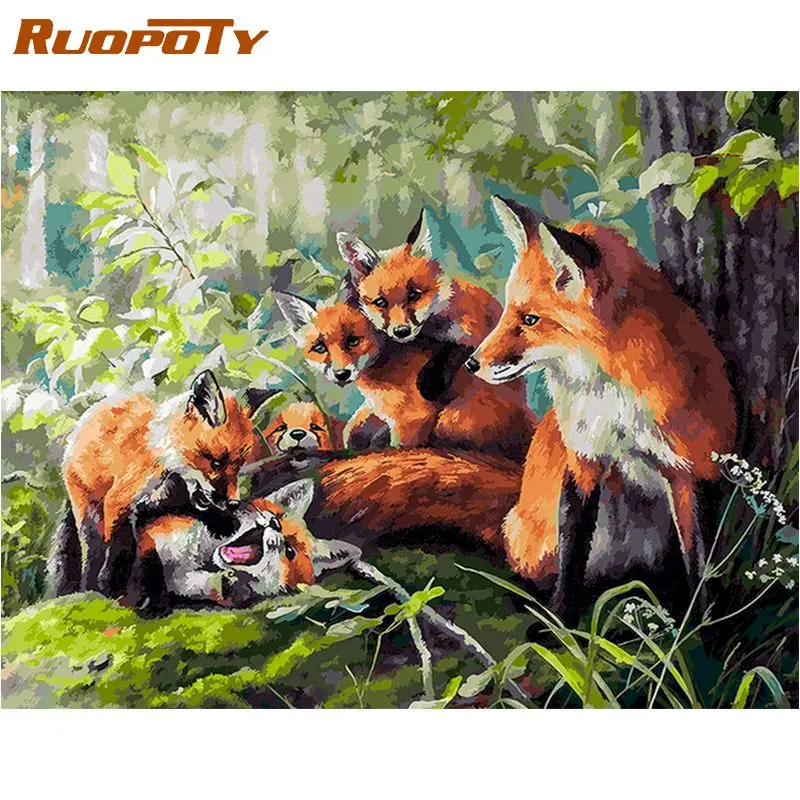 

RUOPOTY Oil Paint By Numbers Kits 60x75cm Framed Six Fox Animal Painting By Number Acrylic Pigment Coloring On Canvas Wall Arts
