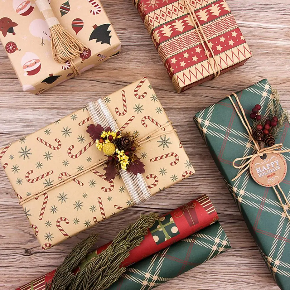 

Christmas Wrapping Paper Kraft Paper Roll Brown Kraft Paper With Red And Green Christmas Elements DIY Kraft Paper For Gift Wr