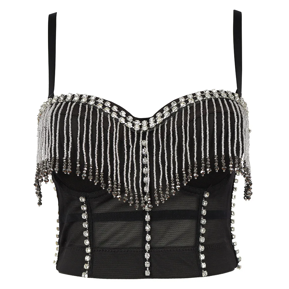 A1007 Dance Tassel Costume Nightclub Hot Girl Fishbone Catwalk Camisole Plain Body Bustier Corset Bra Crop Tops | Женская одежда