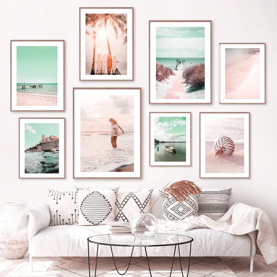 

Pink Beach Sea Shell Seagull Bridge Boat Wall Art Canvas Painting Nordic Posters And Prints Wall Pictures For Living Room Decor