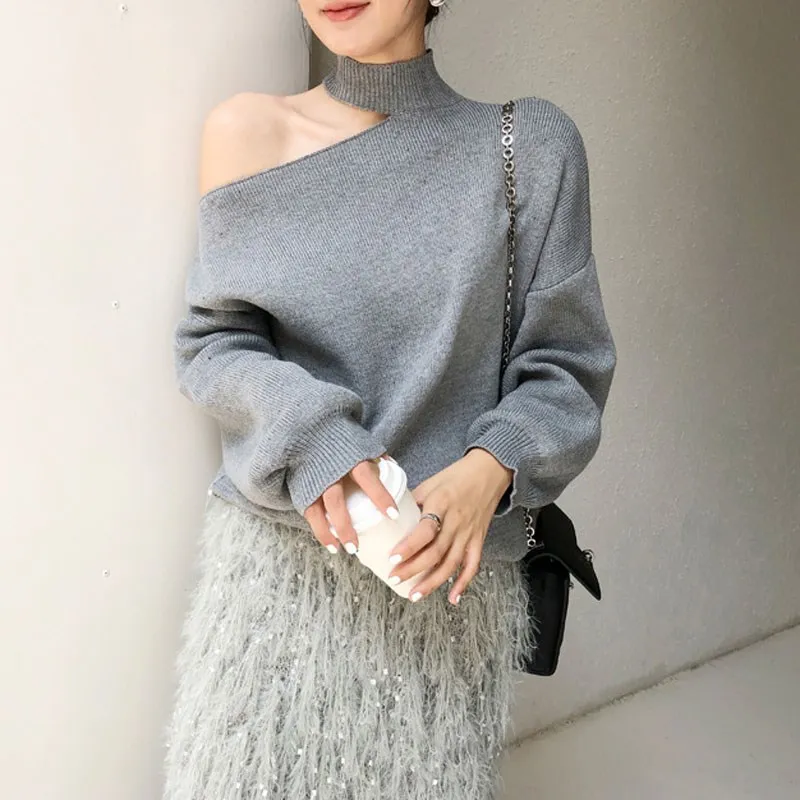 Осенне-зимний Повседневный корейский свитер с открытыми плечами водолазка