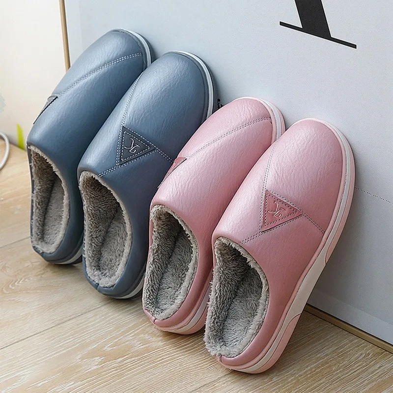 

New Women Men Winter House Slippers Pu Leather Waterproof Slip On Slippers Fluffy Plush Warm Casual Shoes Couple Fur Flat Slides