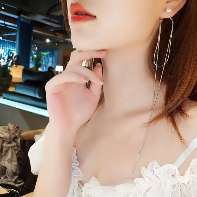 

S2040 Fashion Jewelry S925 Silver Post Dangle Stud Earrings Long Tassels Earrings