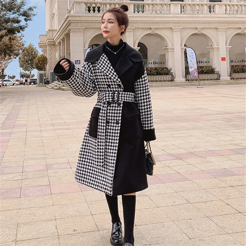 

Winter Coat Women Fashion Splice Plaid Woolen Overcoat Female Elegant Vintage Slim Casual Belted Long Jacket Outerwear Q09