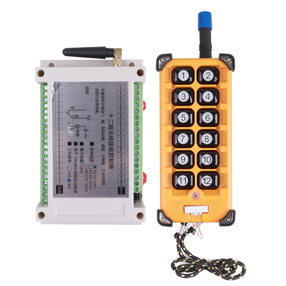 3000m DC 12V 24V 36 48V 12CH Radio Controller 433mhz RF Wireless Remote Control Overhead Travelling Crane Switch System Receiver |