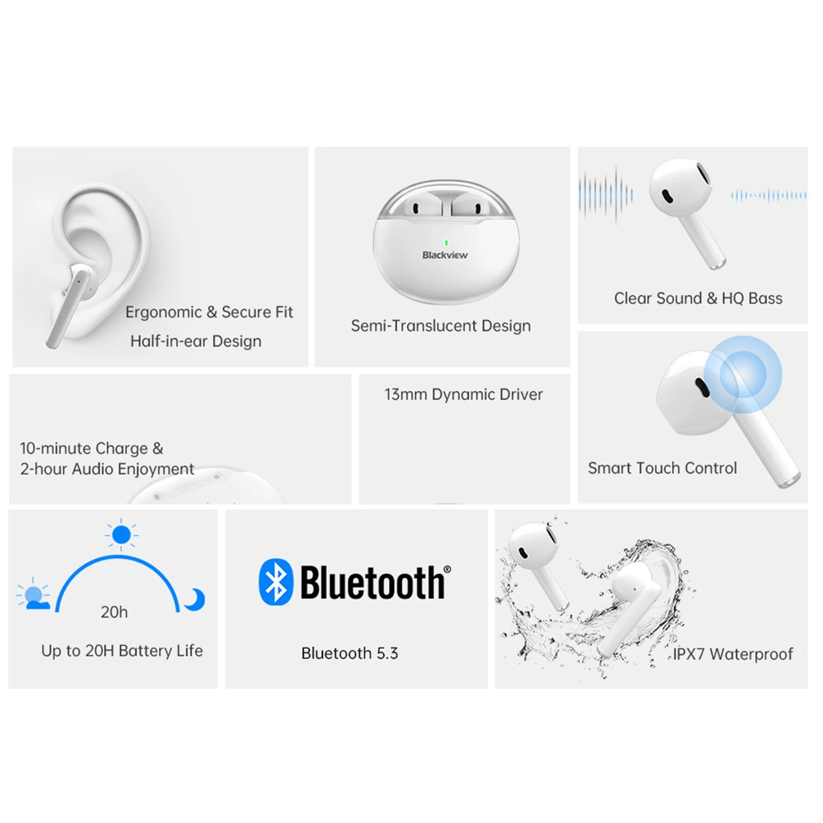 Водонепроницаемые TWS наушники Blackview AirBuds 6 IPX7 настоящие Беспроводные