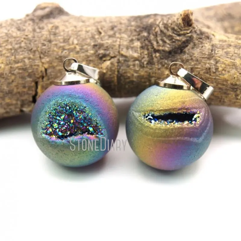 PM17335 Радужный кристалл друза медные круглые бусины подвеска титановое покрытие