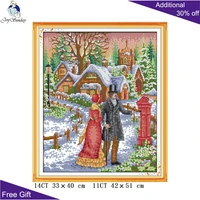joy sunday snowy couple cross stitch f333 14ct 11ct counted and stamped home decoration walk on the snow cross stitch kits