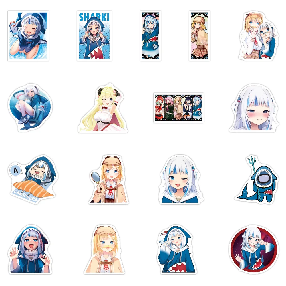 Pegatinas de dibujos animados Kawaii Anime Girl Gawr Gura, calcoman&iacute;as impermeables de tibur&oacute;n, pegatina para patineta para guitarra port&aacute;til, 50 Uds.-1