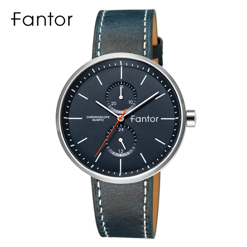 Fantor часы с хронографом, мужские Ультра-тонкие Топ брендовые модные повседневные синие кожаные кварцевые наручные часы, мужские водонепроницаемые часы - Цвет: WF1022G04
