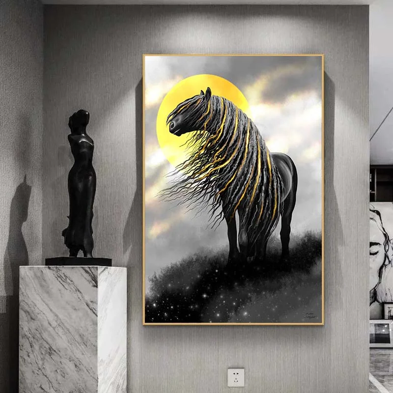 

Wild Horse Sunset Art Posters and Prints Gold Black Friesian Horses Canvas Painting Horse Wall Art Pictures for Living Room Home