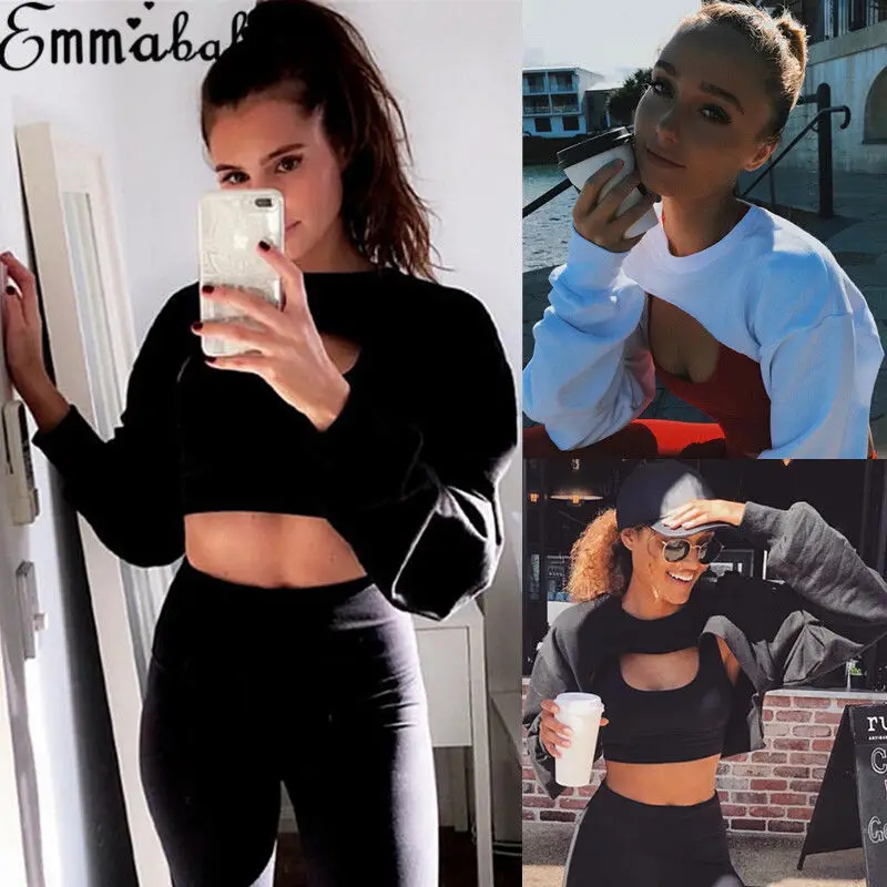 Women's Hoodie Sweatshirt Jumper Crop top Hollow out Long Sleeve Hoodie Gym Sports Pullover Streetwear Womens Tops