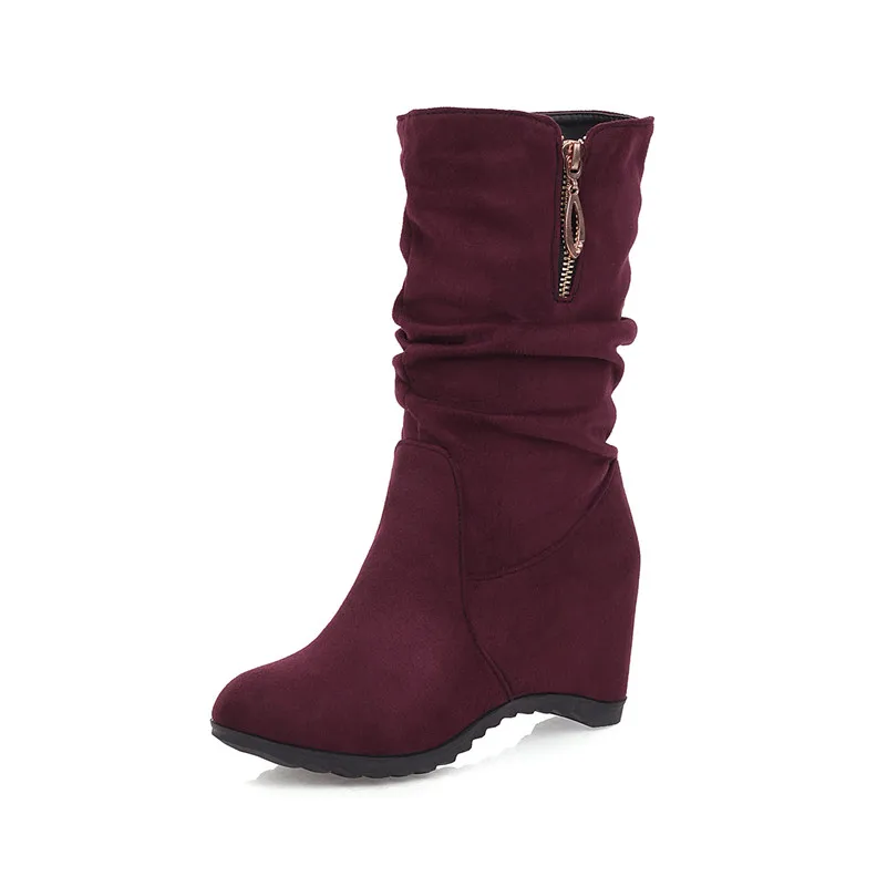 

ANNYMOLI Height Increasing Heel Mid Calf Boots Woman Metal Decoration High Heel Shoes Zip Pleated Short Boots Lady Fur Winter 44