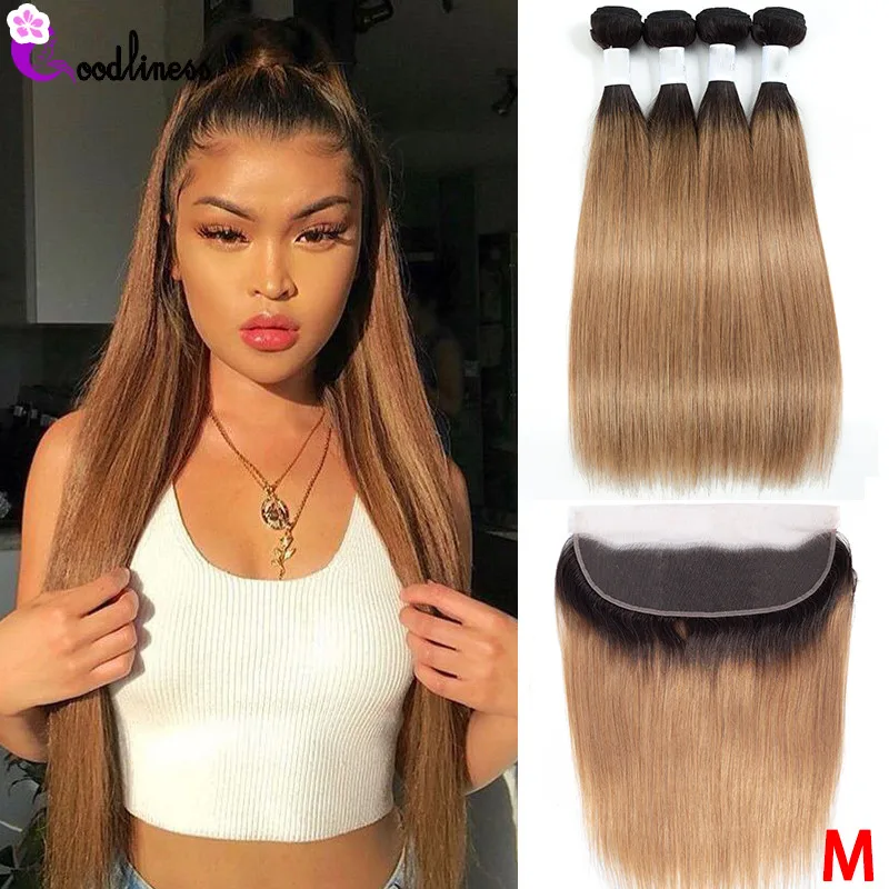 Перуанские пряди человеческих волос с фронтальной сеткой 1B 27 2 тона Омбре прямые