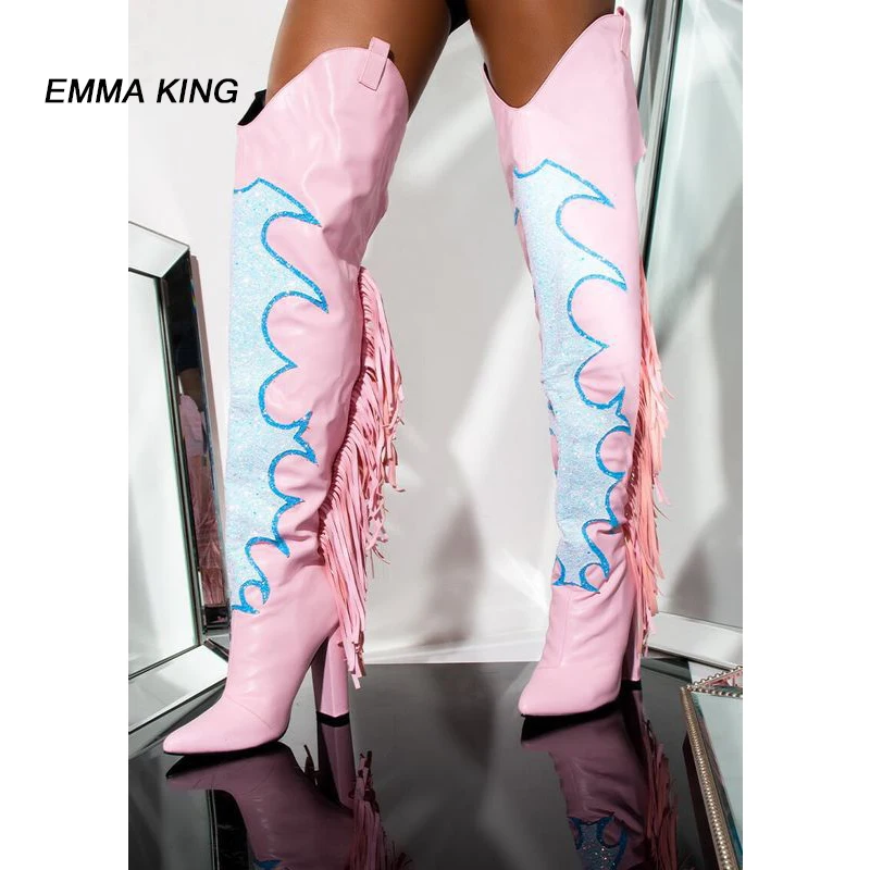 

2020 New Fashion Over The Knee Boots Women Pink Patchwork High Heel Tassel Decor Boots Crystal Blingbling Pointed Toe Shoes wom
