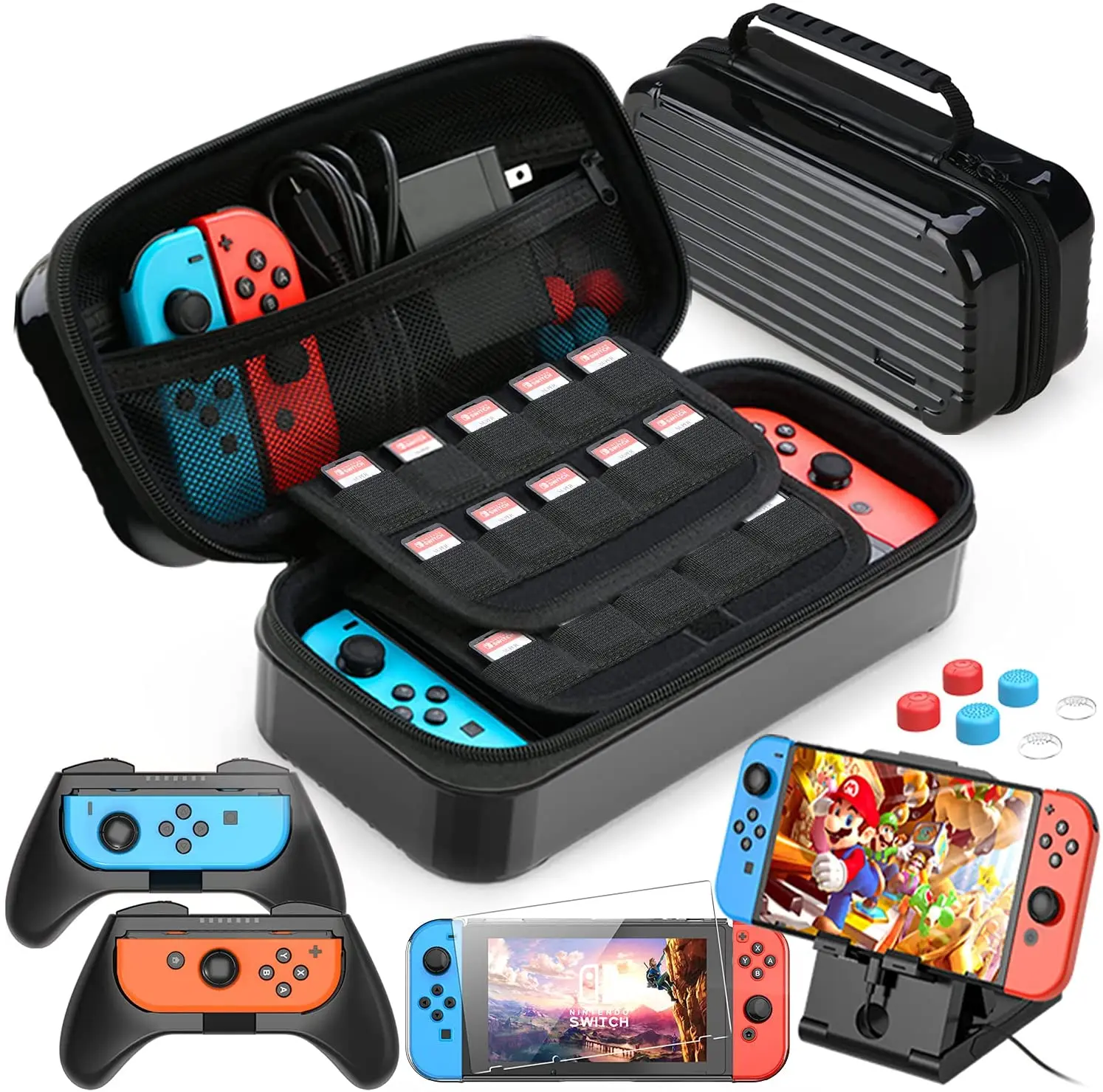 

HEYSTOP Bag for Nintendo Switch, 11 in 1 Nintendo Switch Carry Case with 2 Joy-con Grips , Adjustable PlayStand, , Black