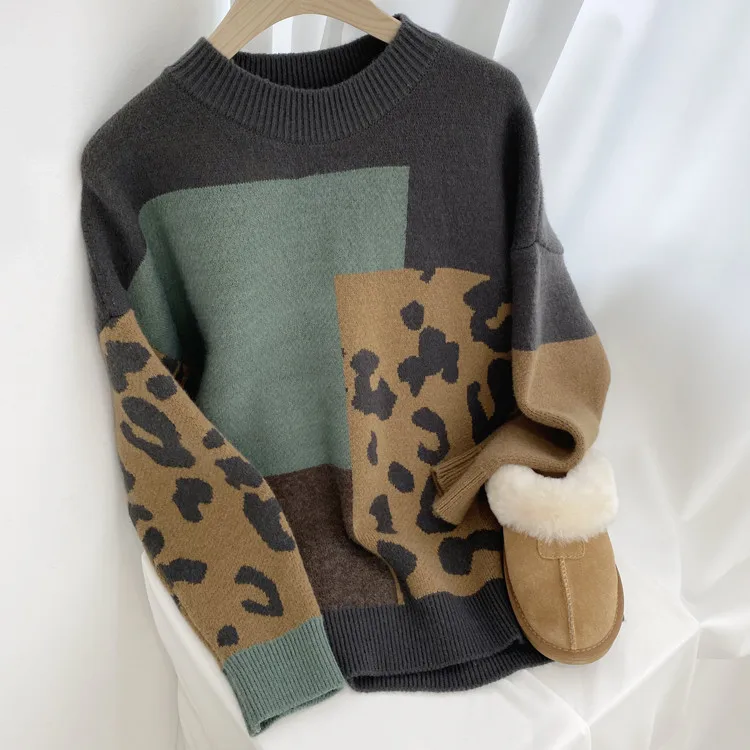 

ONALIPPA Korea Ins Autumn Retro O Neck Pullover Geometric Color Matching Loose Wild Casual Long-sleeved Leopard Knitted Sweater