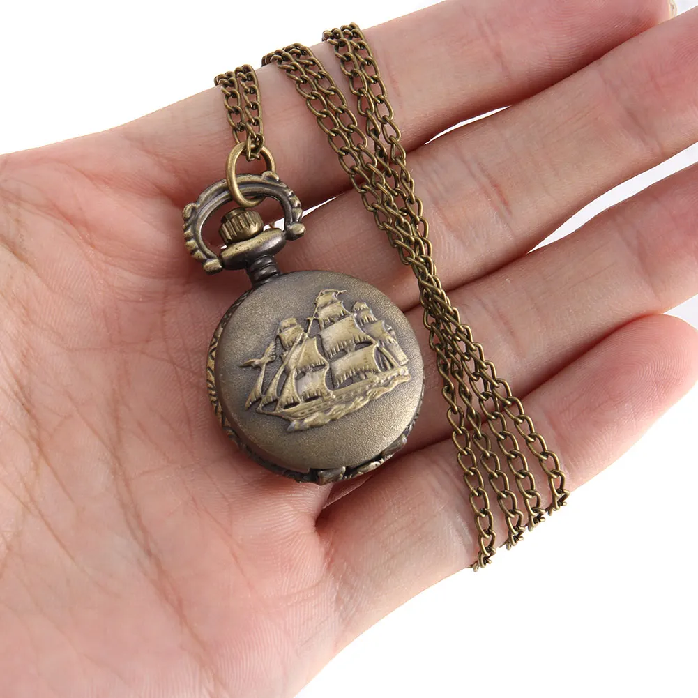 

Newly Vintage Pocket Watch Bronze Color Quartz Watch Cool Chain Sailboat Pattern Watches DO99