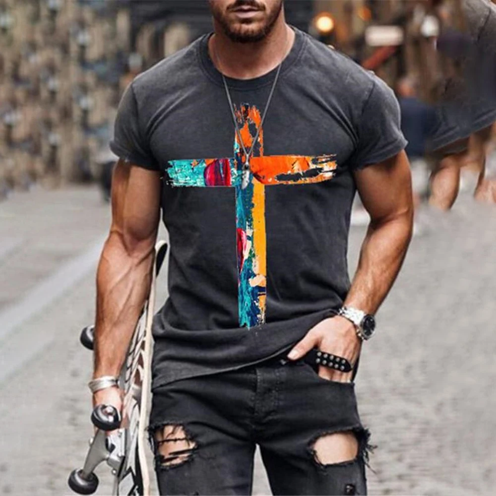 

Men Summer New Fashion Harajuku Colorful Cross Printed O Collared T-shirts Men's Oversized Vintage Short Sleeve T Shirts