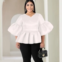 plus size blouse v neck flare sleeve white peplum high waist ruffle loose casual shirt spring autumn fashion women tops