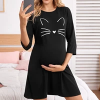 women maternity dresses pajamas ruched 34 sleeve kawaii cat print dress for daily wearing nightdress pregnancy clothing