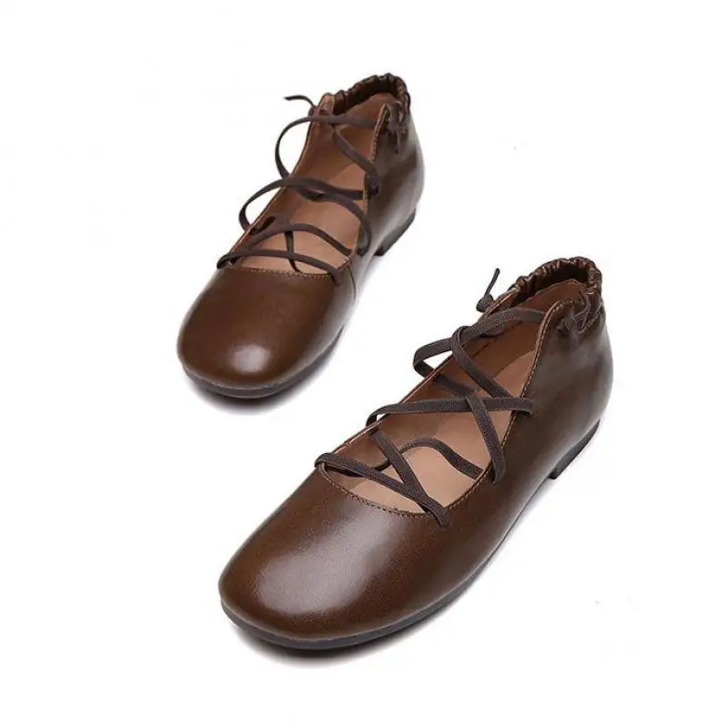 

YourSeason Ladies Mary Janes Shoes Genuine Leather Cross Belt Shallow Casual Round Toe Concise Women Leisure Falts