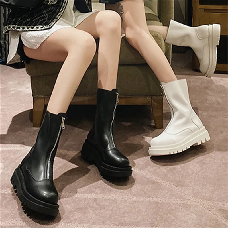 

Women Boots Round Toe Mid-heel Calf Boots 2020 Autumn Fashion Zipper Women's Boots Women's PU Square Heel Shoes Botas De Mujer