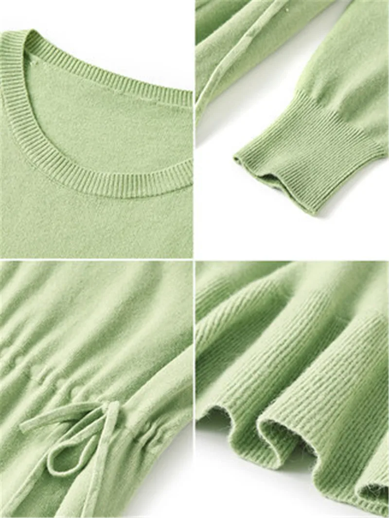 Fashion korean Ruffle knitted dress women casual Plus size slim Drawstring waist elegant a-line winter sweater party | Женская одежда