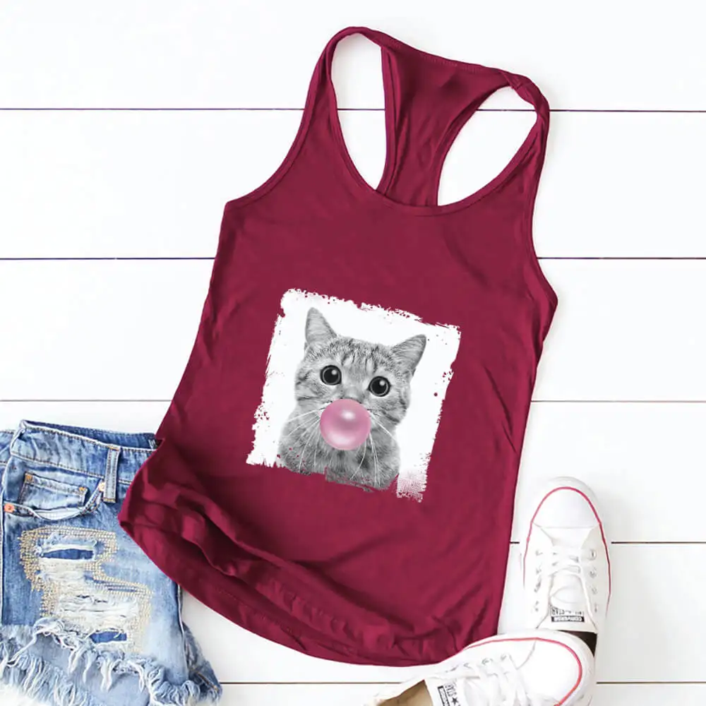 

Cat and balloon Tank Tops New Arrival Women Funny Casual Cotton Tank Tops Cat Lover Tops Pet Lovers Gift