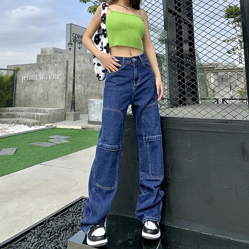 

Street Fashion Mid-Seam Splice Jeans Women Indie Aesthetics Mid Waist Straight Pant 2021 Spring Autumn Vintage Y2k Trousers Blue