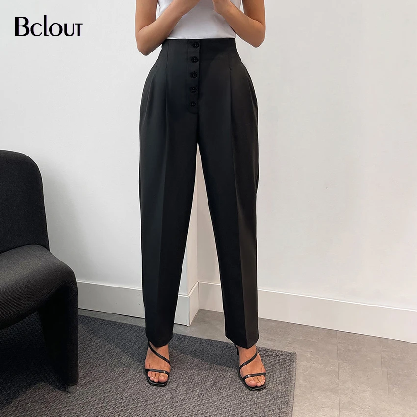 

Bclout Autumn Black Slim Pencil Pants Women Streetwear High Waist Twill Trousers Casual Fashion Pleated Long Pants Pocket 2021