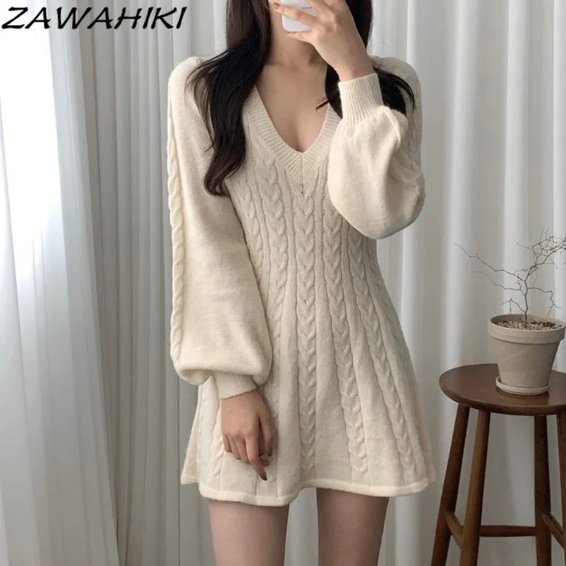 

ZAWAHIKI Ropa Mujer Korean Autumn Winter Mini Dresses New Lantern Long Sleeve High Waist Solid V-neck Wild Twist Knitted Dress