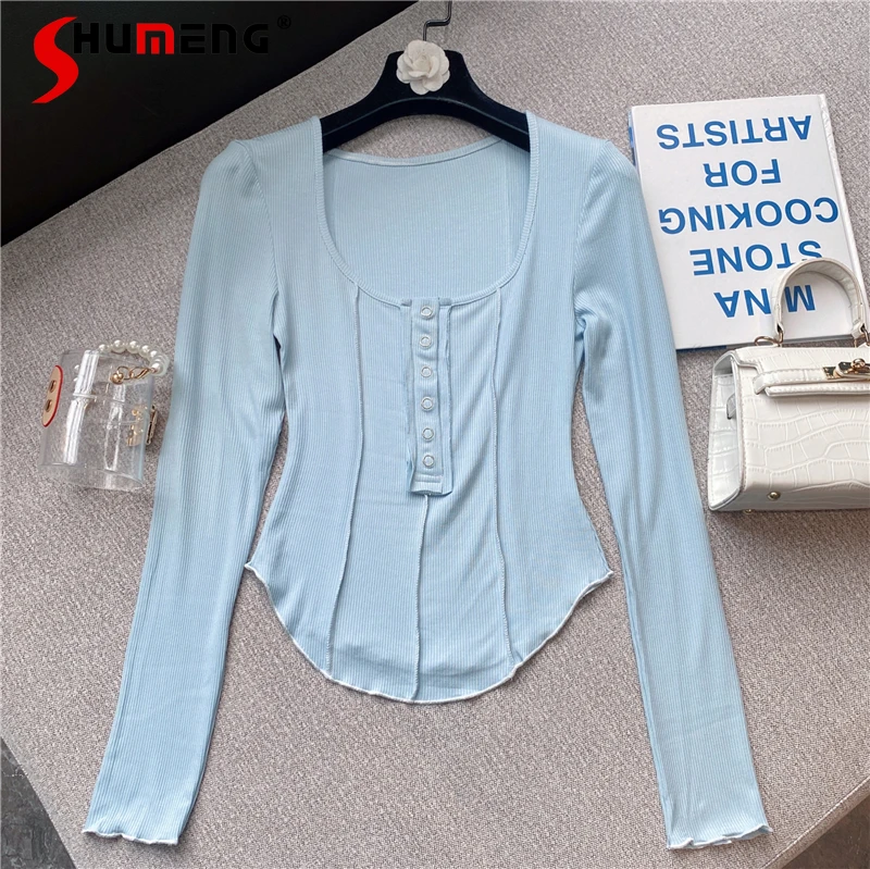 

Женская трикотажная футболка, откровенная облегающая футболка с глубоким круглым вырезом на пуговицах, полосатая футболка с длинным рукав...