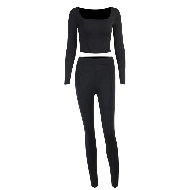 

Sexy Crop Solid Color Square Collar T-Shirt and Pencil Trousers Women Fashion Suits Home Casual Joker Simple 2 Piece Set