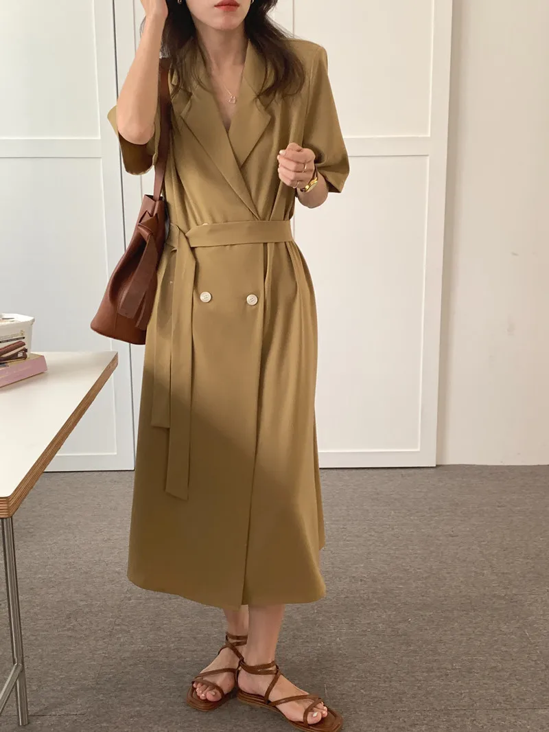 

Elegant Women Office Suit Dress Summer Solid Color Vintage Double Breasted Midi Dress French Style Female Vestidos