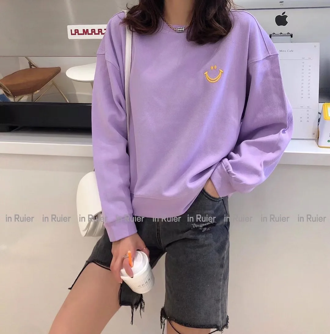 

2021 Spring Fall New Korean Casual Fashion Simple Smiling Face Hoodie Embroidery Loose Lady Top Round Neck Pullover Sweatshirt