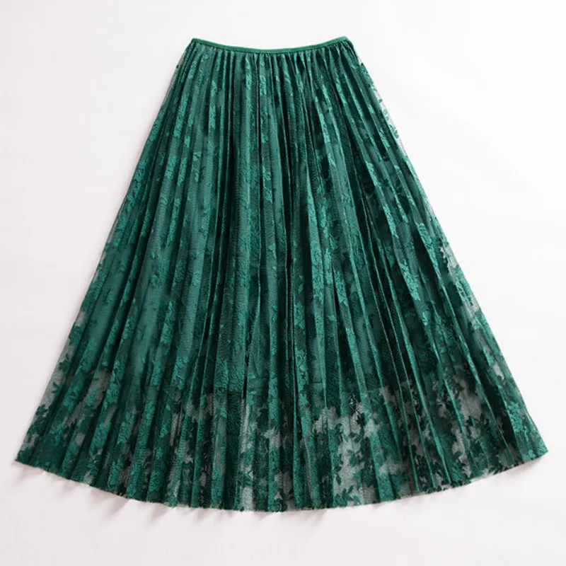 High Waist Lace Skirts Casual Embroidered A-line Pleated Skirt Female Winter Faldas Lining Spring Autumn Mid-Calf Women