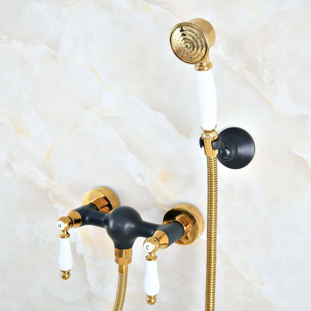 

Luxury Gold Color Brass Black Oil Rubbed Bronze Wall Mounted Bathroom Hand Held Shower Head Faucet Set Bath Mixer Tap mna501