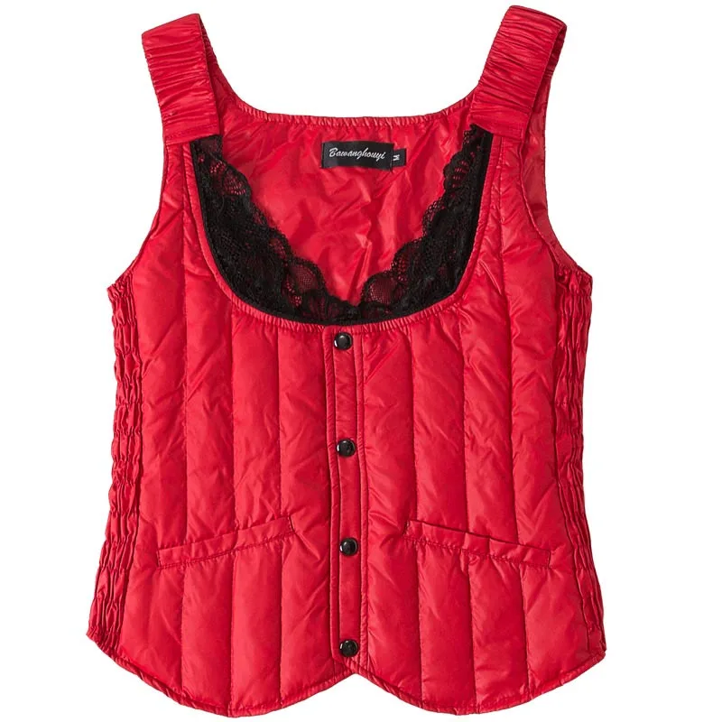 

Winter Down cotton Vest Outerwear Autumn Women's Lace Slim fit Cotton Vest Sleeveless Waistcoat Jacket Warm Windproof Female Top