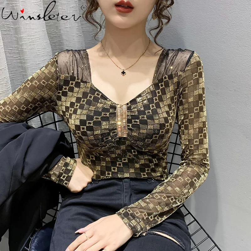 

Spring Korean Style T-Shirt Sexy Patchwork Mesh Print Plaid Shiny Diamonds Women Tops Long Sleeve Bottoming Shirt Tees T18022A