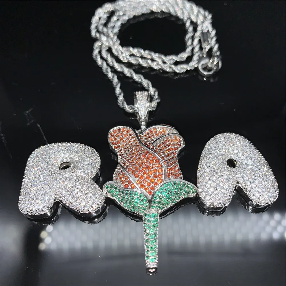

Hip Hop A-Z Custom Name Bubble Letter Combined Rose Pendant & Necklace Charm Men's CZ Gift Jewelry With Gold Silver Tennis Chain