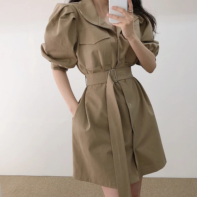 

Summer Casual Women's Vintage Dress 2021 Robe Solid Color Lapel Waist Puff Sleeve Tooling Dress With Belt Female Korean Clothing