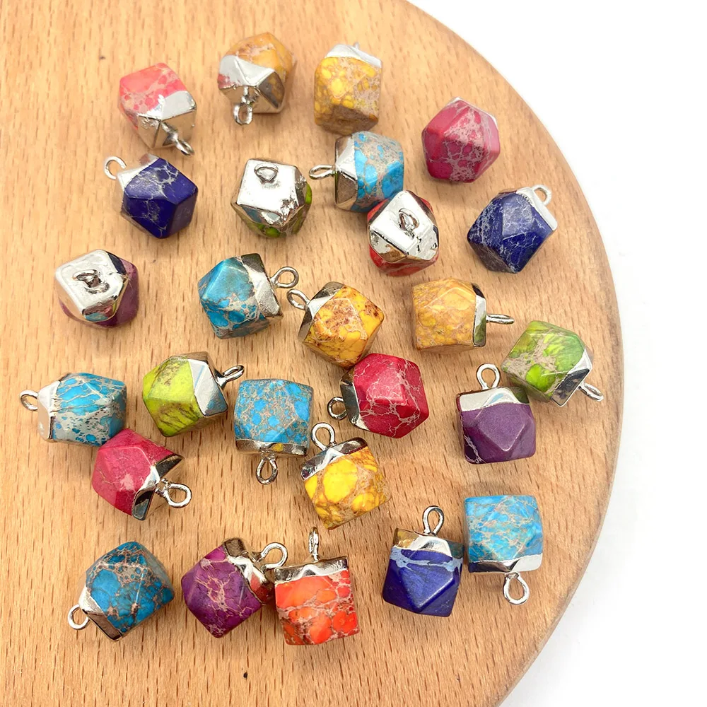 

2pcs/pack Natural Semi Stone Colorful Turquoise Charms Silver Edge Polygon Section Pendants DIY Making Necklace Earrings 9x13mm