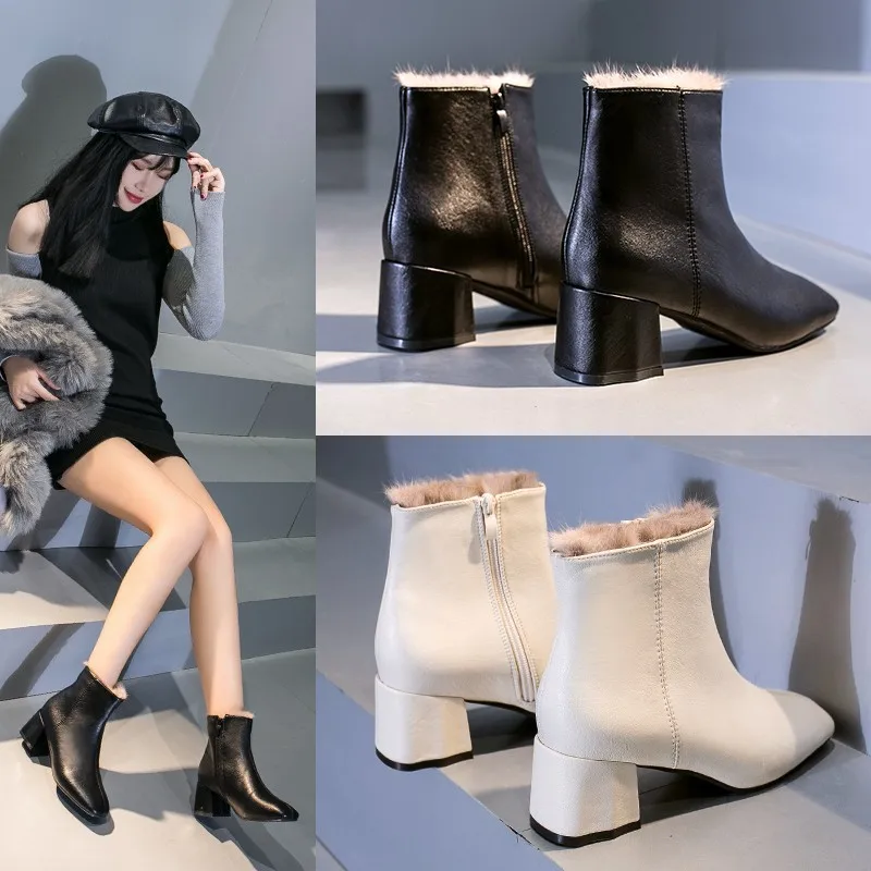 

All-match Pointed Side Zipper Metal Buckle Thick Heel Short Boots Women Mid-heel Leather Boots Knight Boots