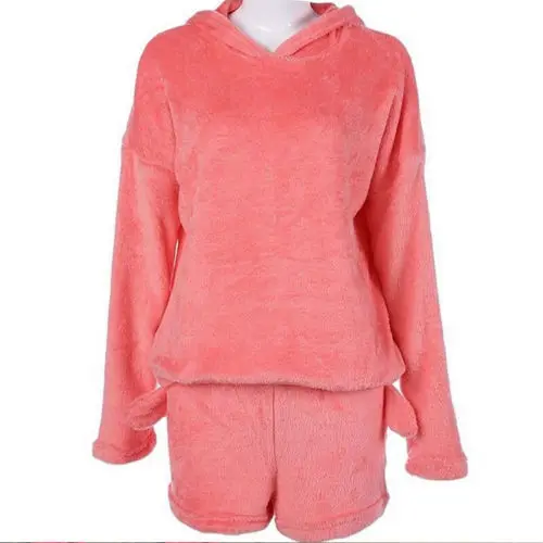 

Fashion Women Long Sleeve Warm Hoodie Top Shorts Sleepwear Pajamas Set Coral Fleece Warm Clothing Sets