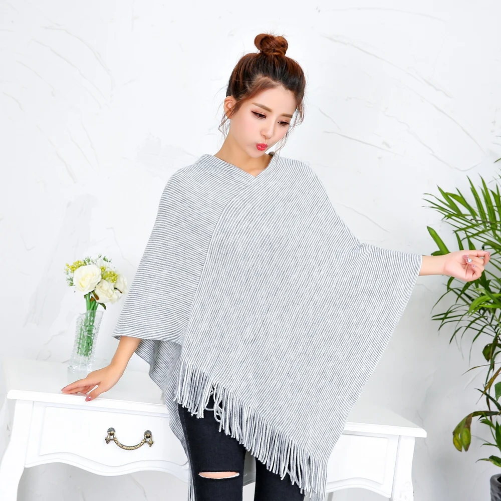 Женское Вязаное пончо в полоску повседневный длинный кардиган без рукавов весна