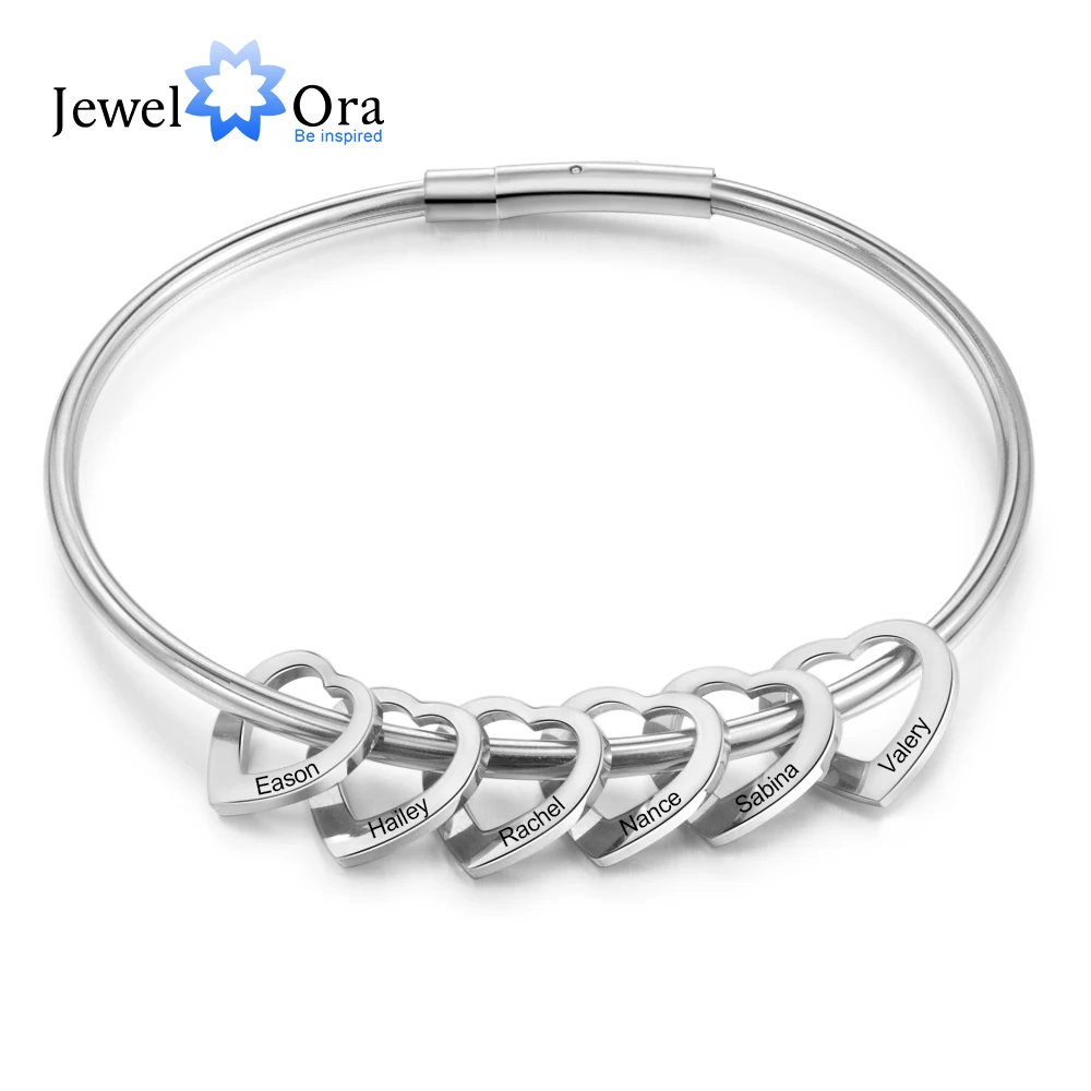  Personalized Engraved 2-6 Names Heart Bracelets for Women Customized Stainless Steel Bracelets & Bangles Gifts for Family 