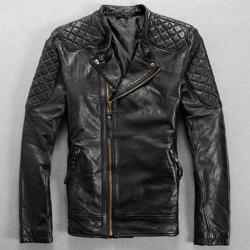 

Мужская куртка из натуральной овечьей кожи, коричневая приталенная куртка с воротником-стойкой и скошенной молнией, в корейском и японском ...